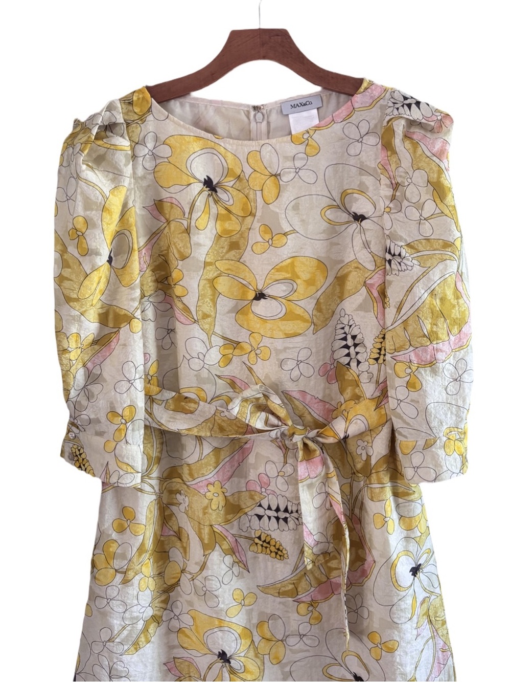 Max & Co. Women’s Yellow Floral Tie-Waist Dress Size 6 Puff Sleeves - Picture 3 of 8